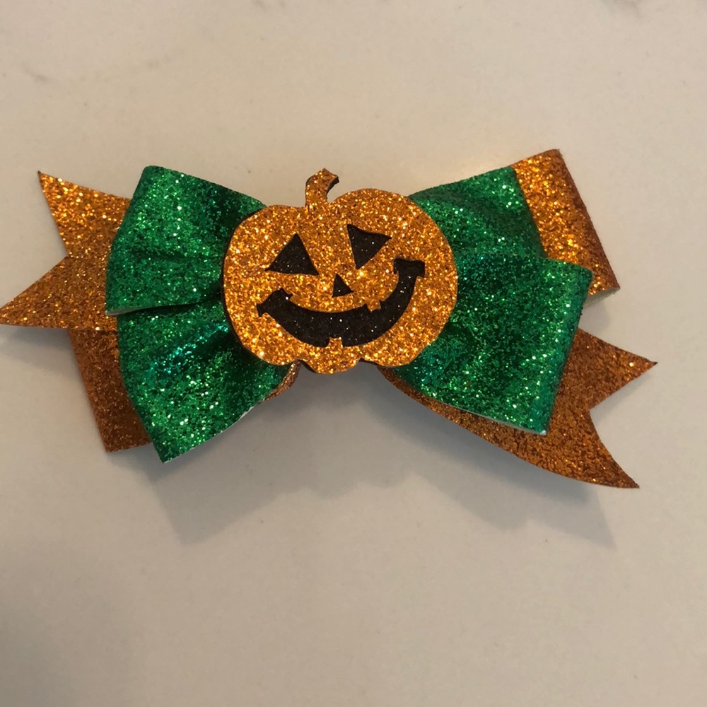 Halloween nwot orange green pumpkin glitter bow hair clip 4”